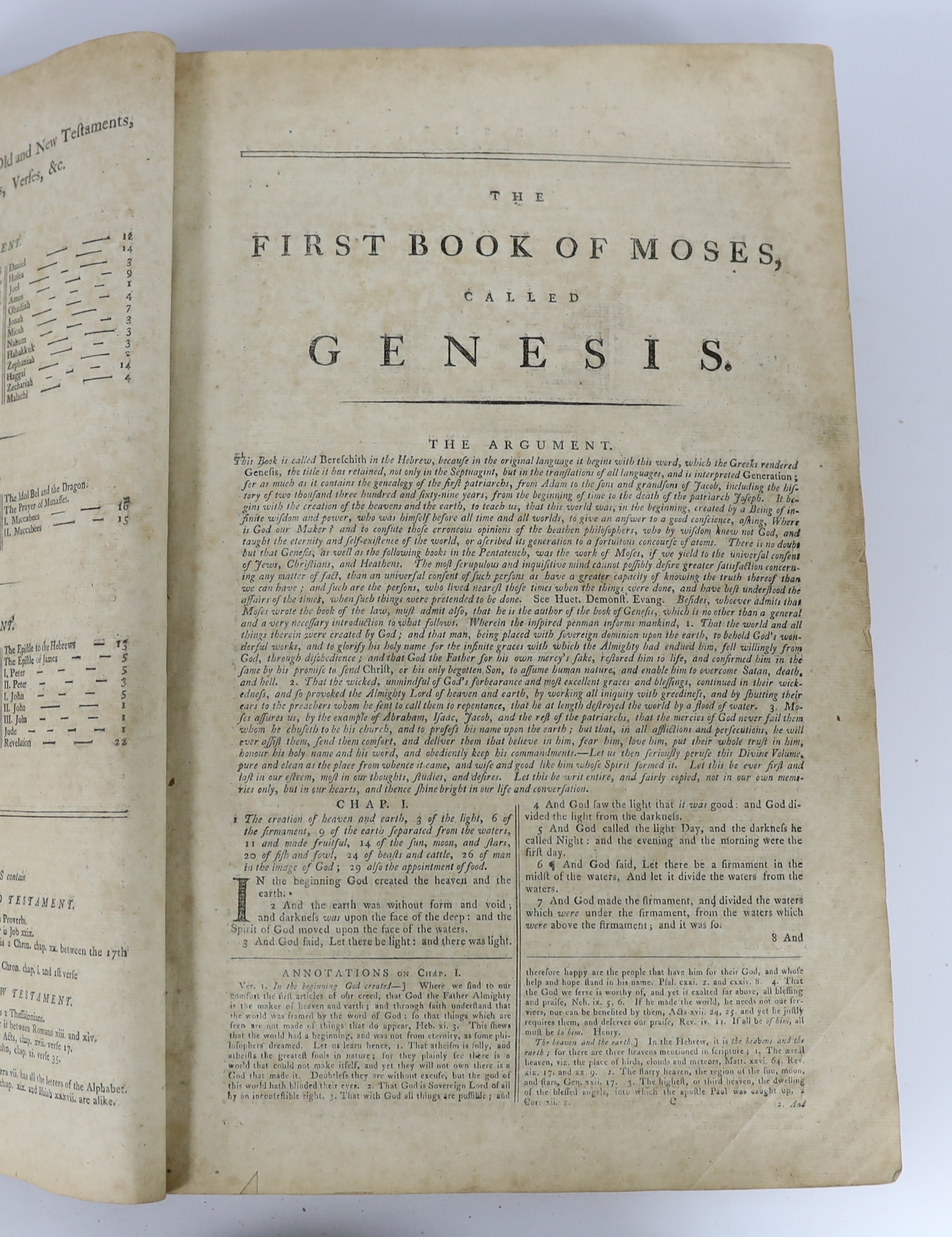 BIBLE - A provincially printed later 18th century folio Bible, the Authorised Version. The Holy Bible: containing the sacred texts of the Old and New Testaments....(and) A Complete Concordance....general and NT. titles,